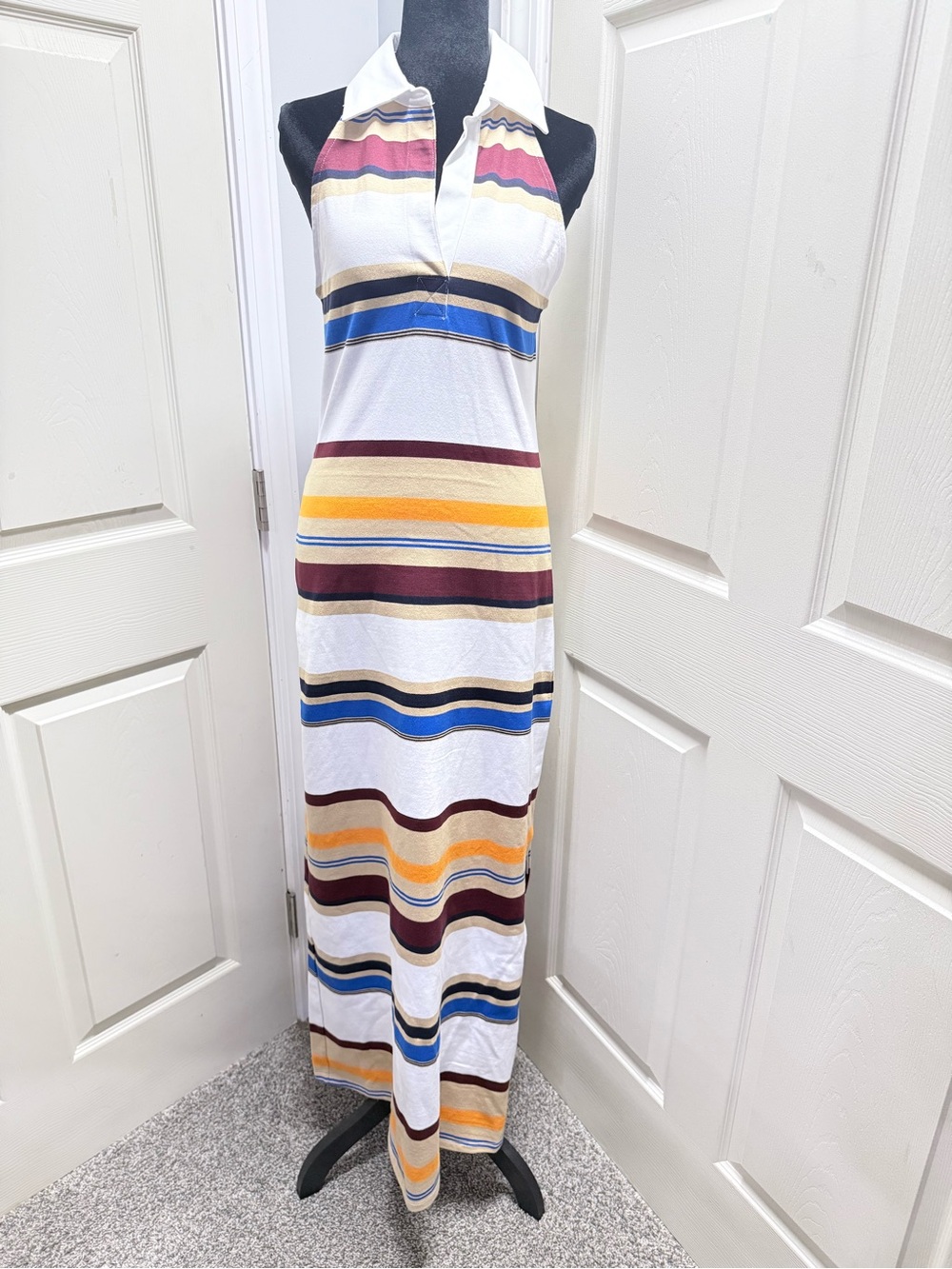 Rosie Assoulin - White Halter Maxi Dress with Multi-Color Stripes